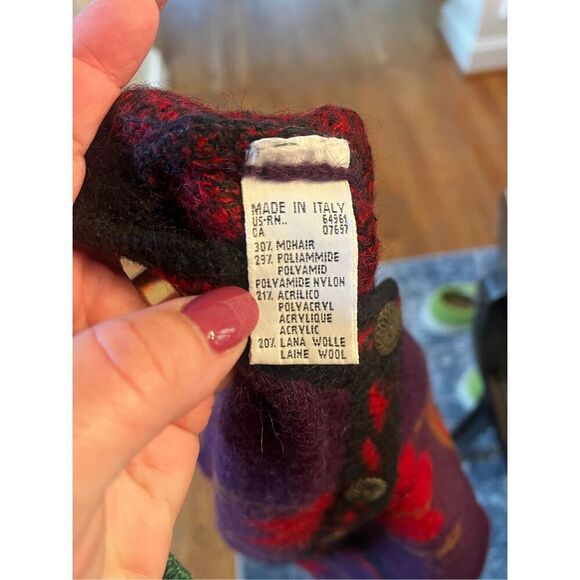 Sisley Italian Knit Plum Floral Tribal Print Cardigan Sweater Sz M EUC - Picture 7 of 7